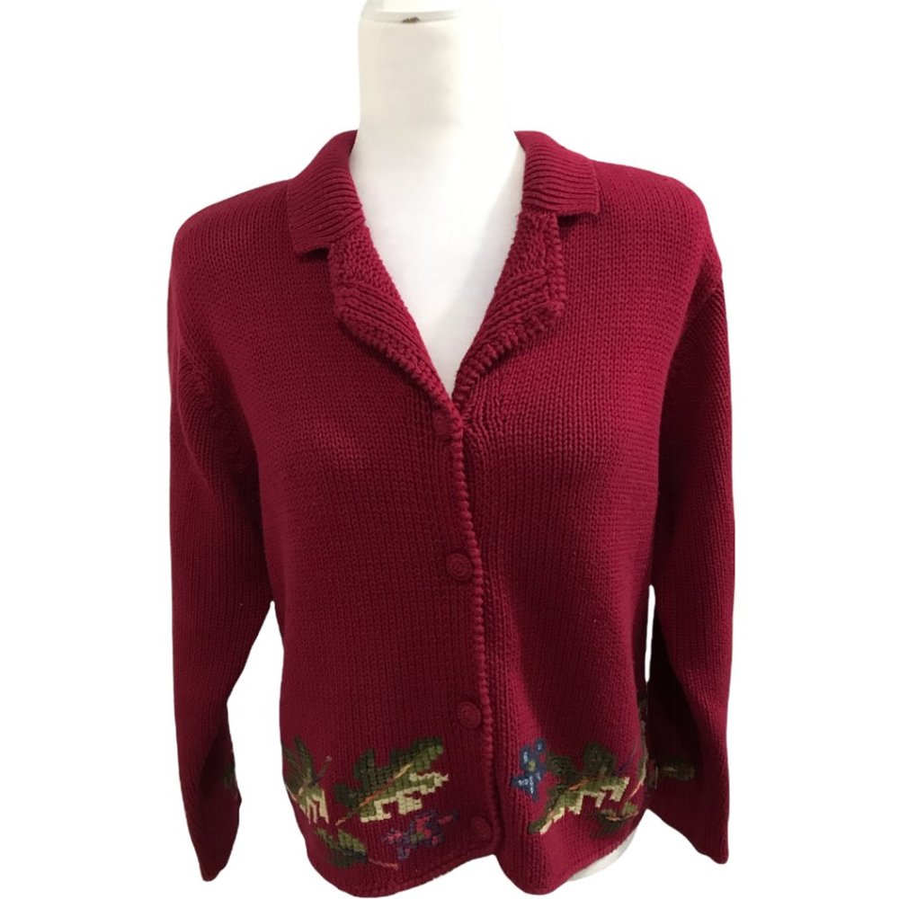 Talbots Vintage Women 100% Cotton Red Cardigan Hong Kong Floral Sweater Size PM